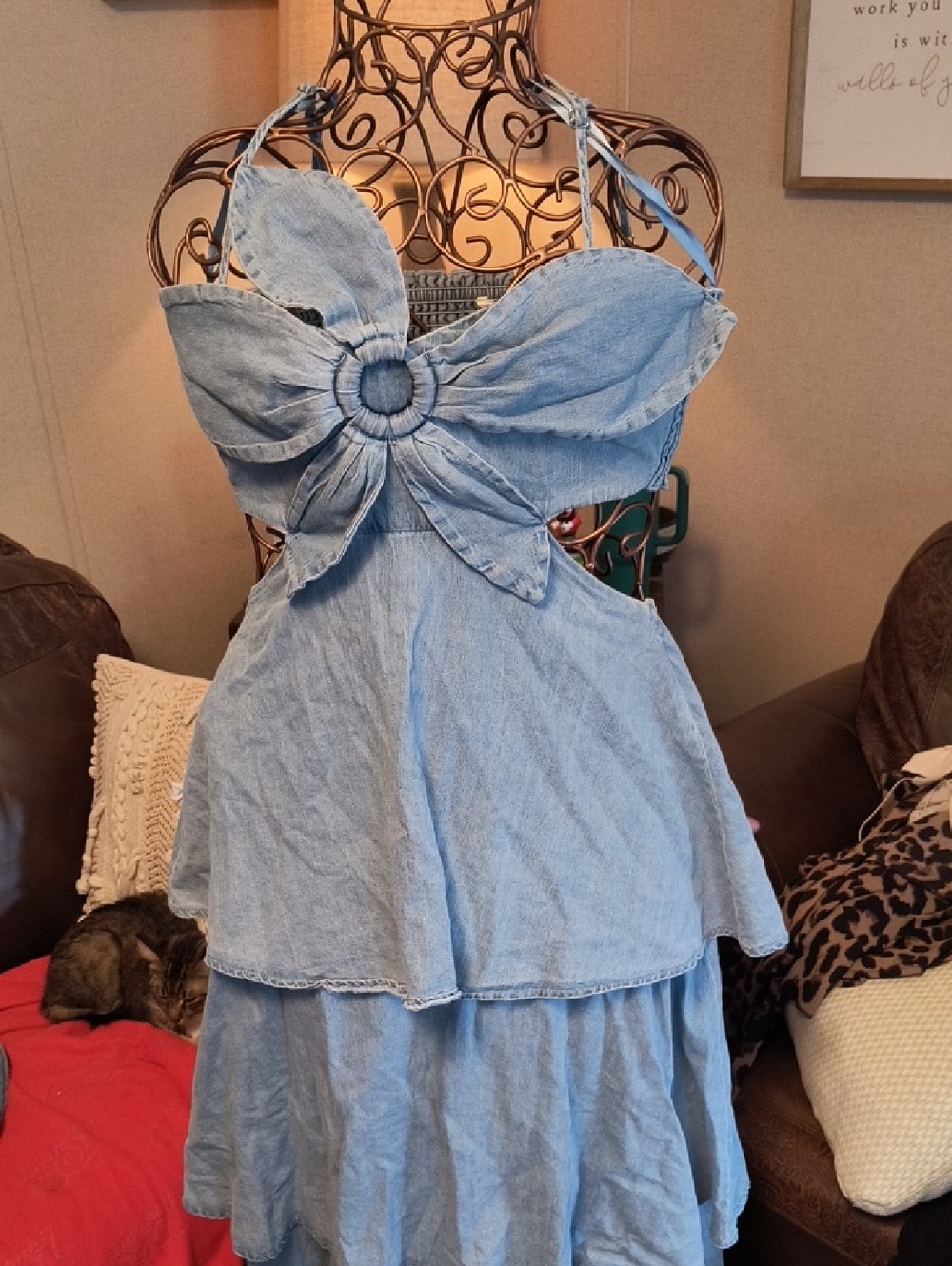 Blue Tiered Maxi Dress with Bow Front